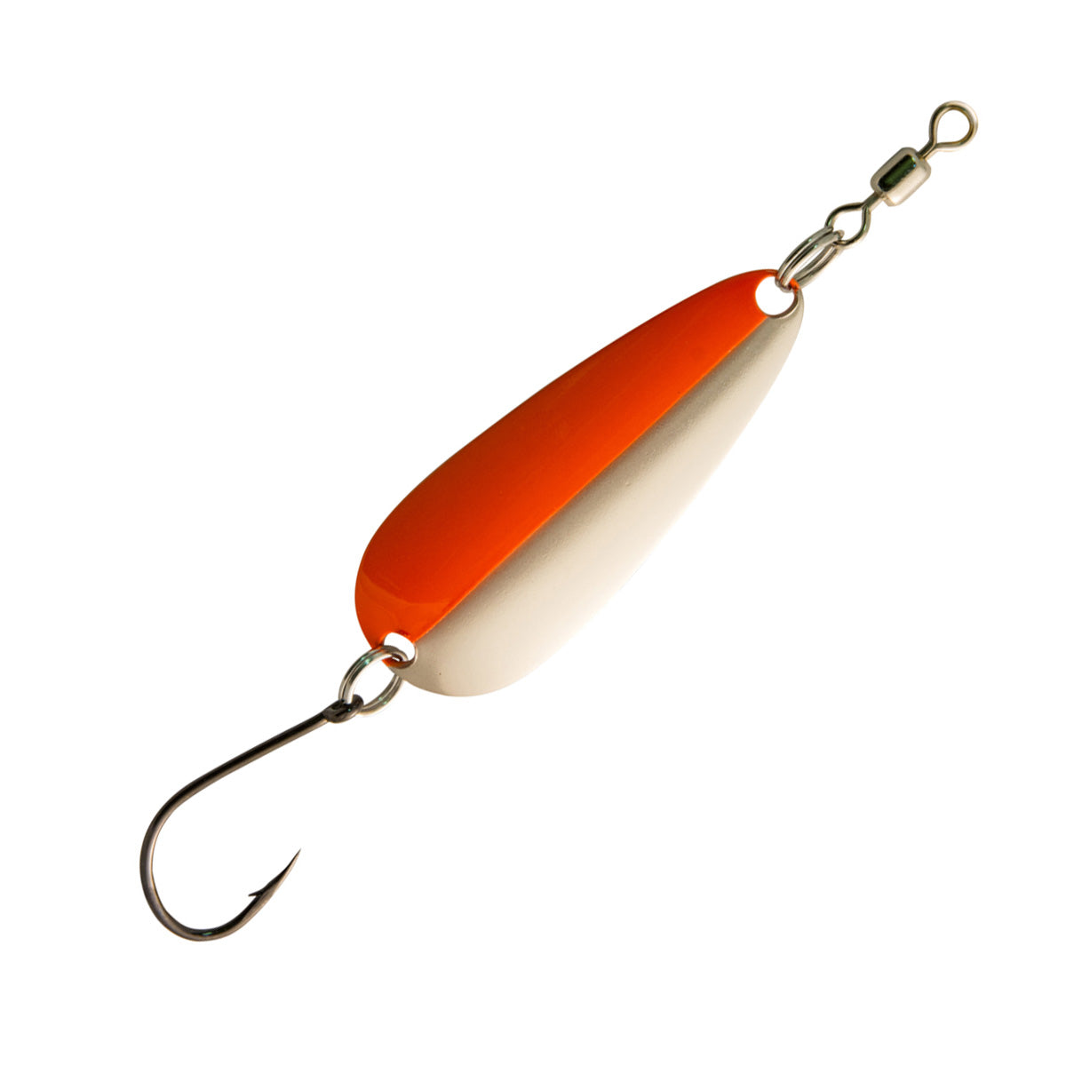 three red, orange, and yellow single hook fishing lures